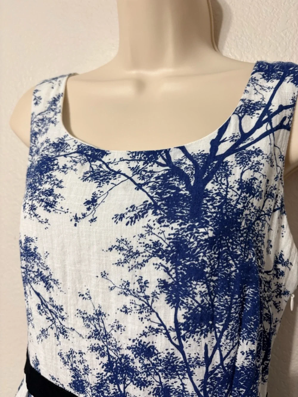 Frock Shop Blue White Toile Tree Print Sleeveless A-line Dress w Black Waist Tie - Picture 2 of 16